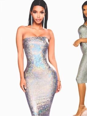 Fashion Nova Strapless Holographic Sequin Bodycon Dress - Silver Iridescent